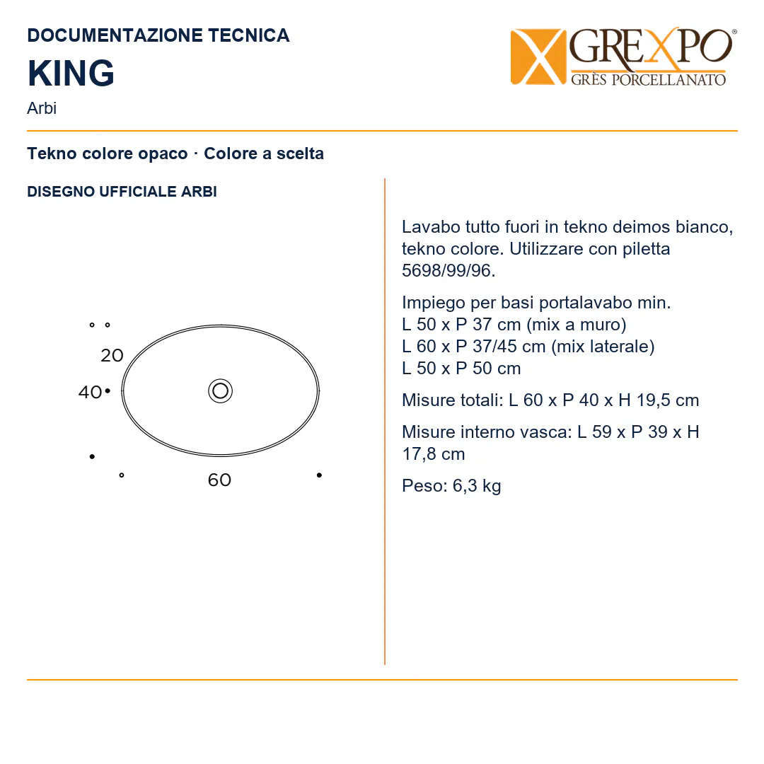 Lavabo da appoggio in Tekno – Arbi King – Tekno colore opaco da scegliere in mazzetta Arbi - Disegno tecnico ARBI
