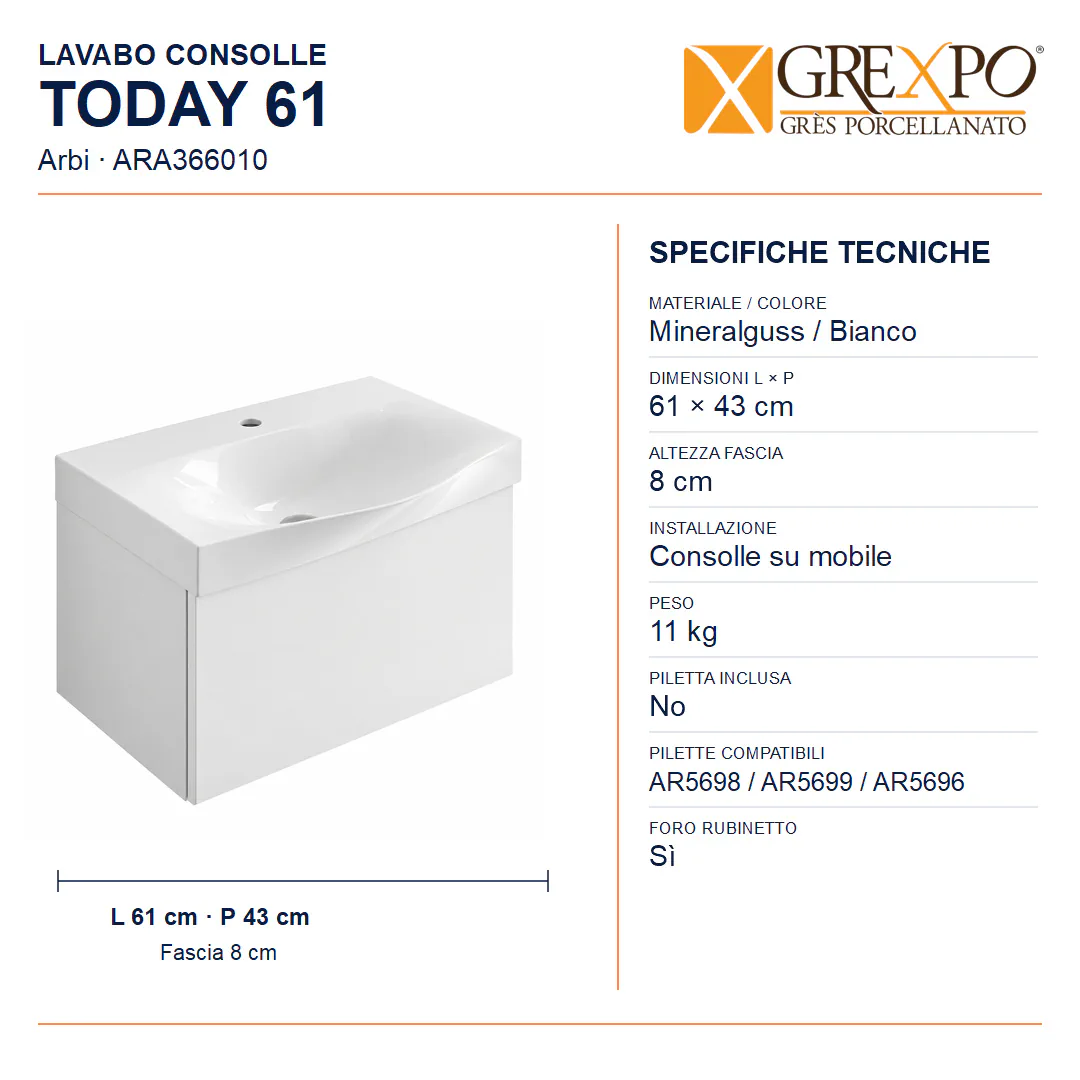 Lavabo consolle in Mineralguss – Arbi Today 61 – Mineralmarmo Bianco - Misure
