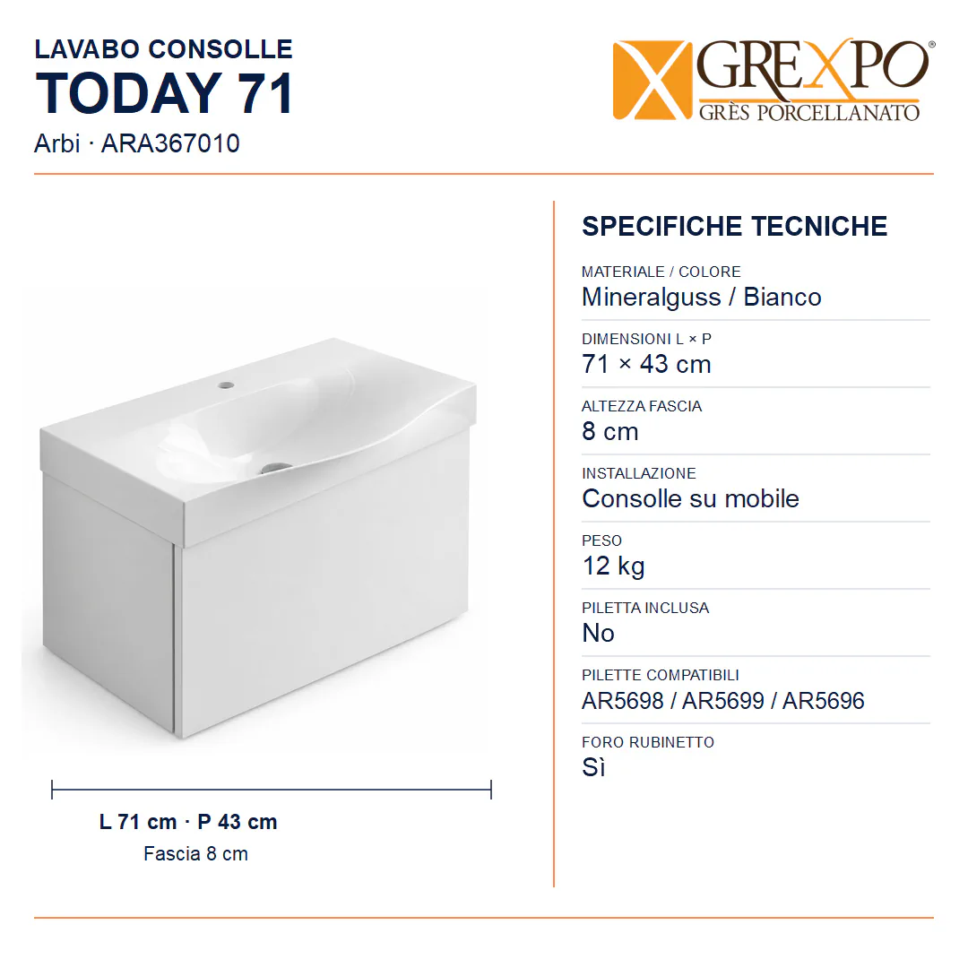 Lavabo consolle in Mineralguss – Arbi Today 71 – Mineralmarmo Bianco - Misure