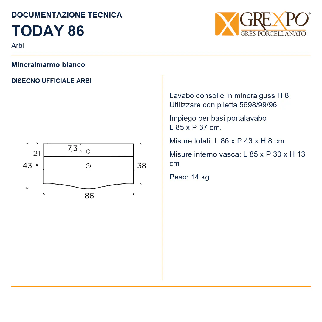 Lavabo consolle in Mineralguss – Arbi Today 86 – Mineralmarmo Bianco - Disegno tecnico ARBI