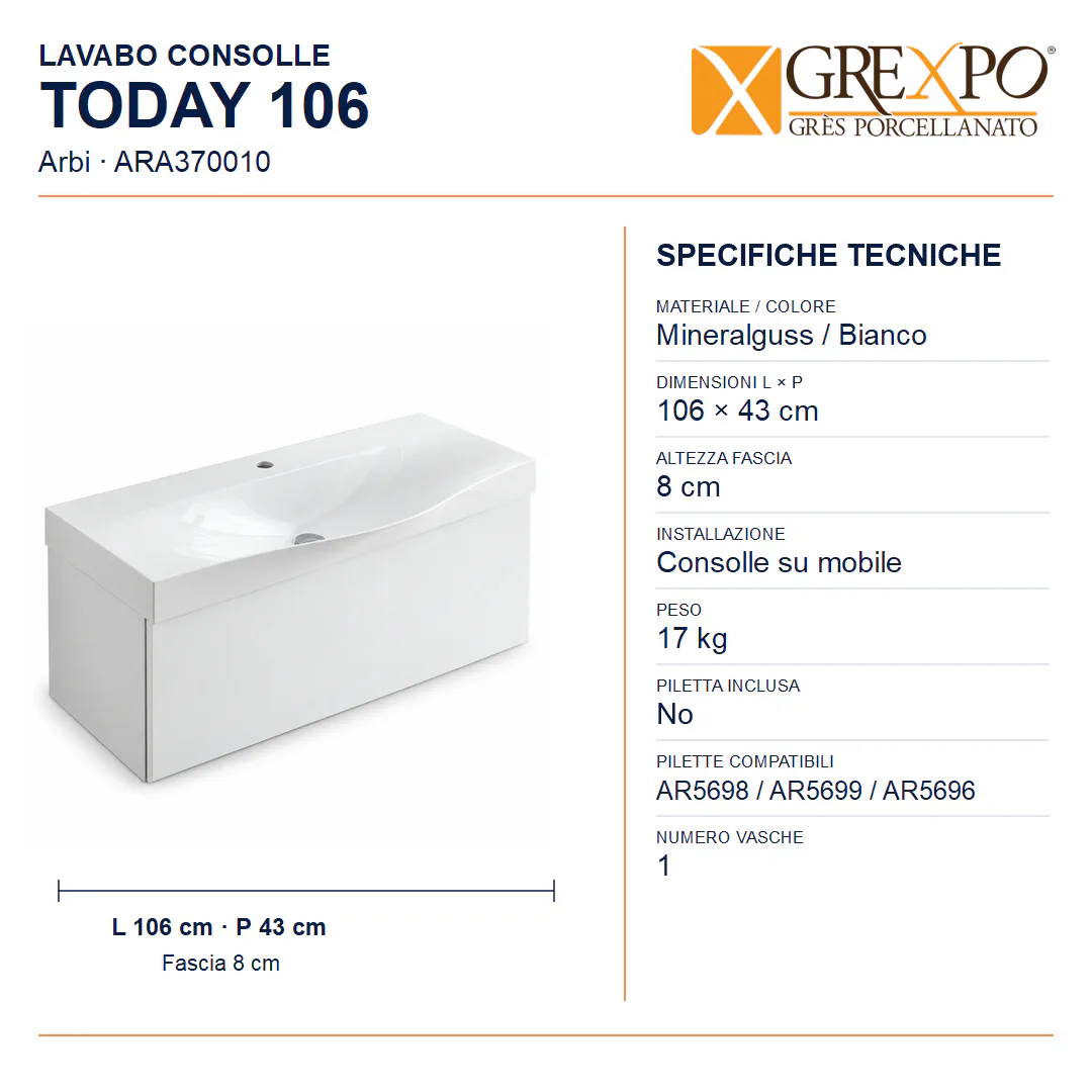 Lavabo consolle in Mineralguss – Arbi Today 106 – Mineralmarmo Bianco - Misure