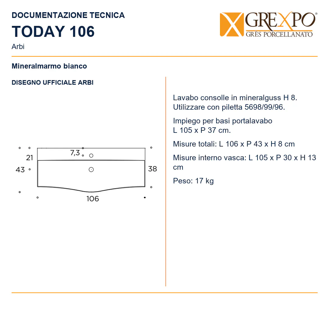 Lavabo consolle in Mineralguss – Arbi Today 106 – Mineralmarmo Bianco - Disegno tecnico ARBI