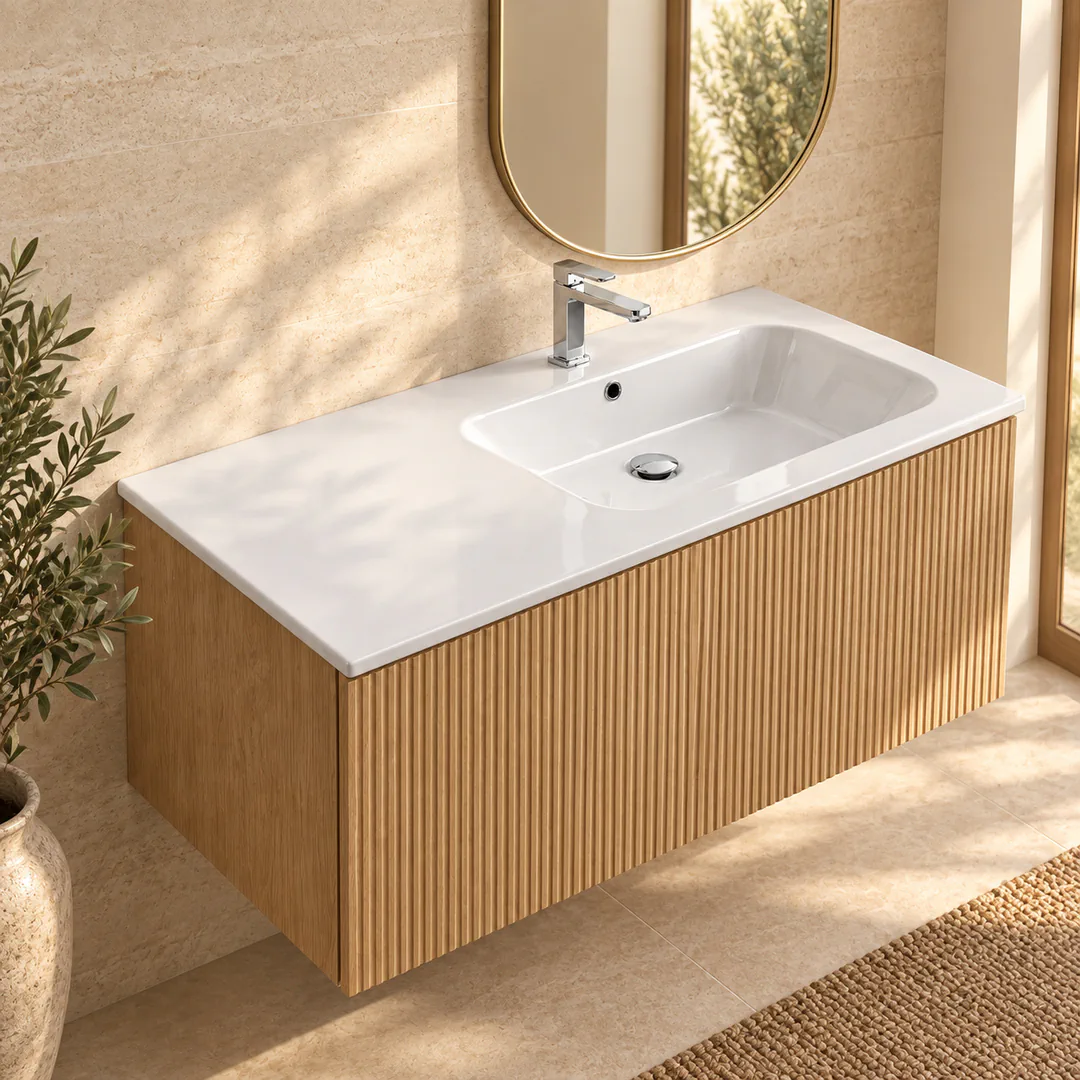 Lavabo consolle in Ceramica – Arbi Qubo 106 DX – Bianco – Con foro rubinetto - Ambientata