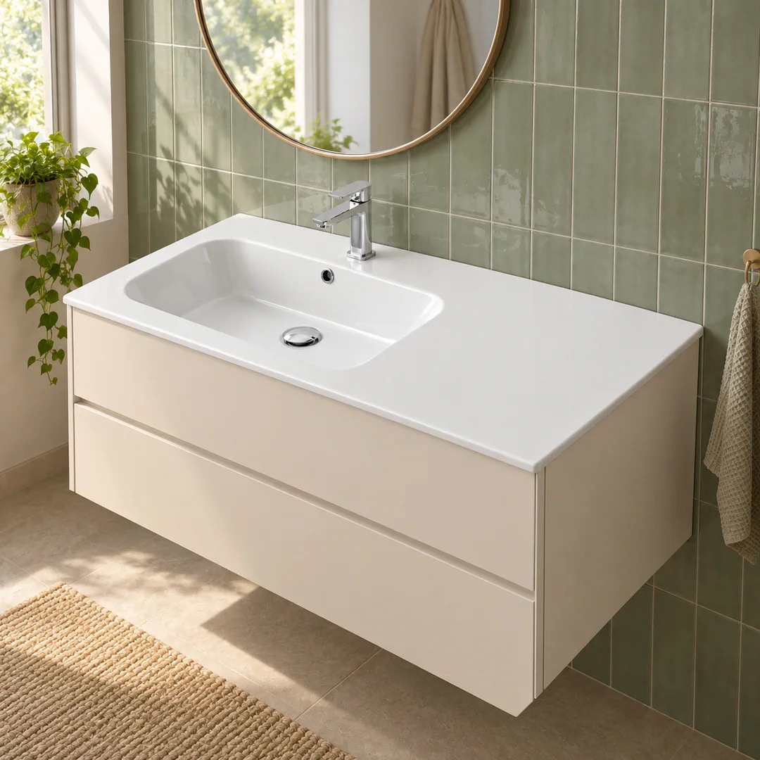 Lavabo consolle in Ceramica – Arbi Qubo 106 SX – Bianco – Con foro rubinetto - Ambientata