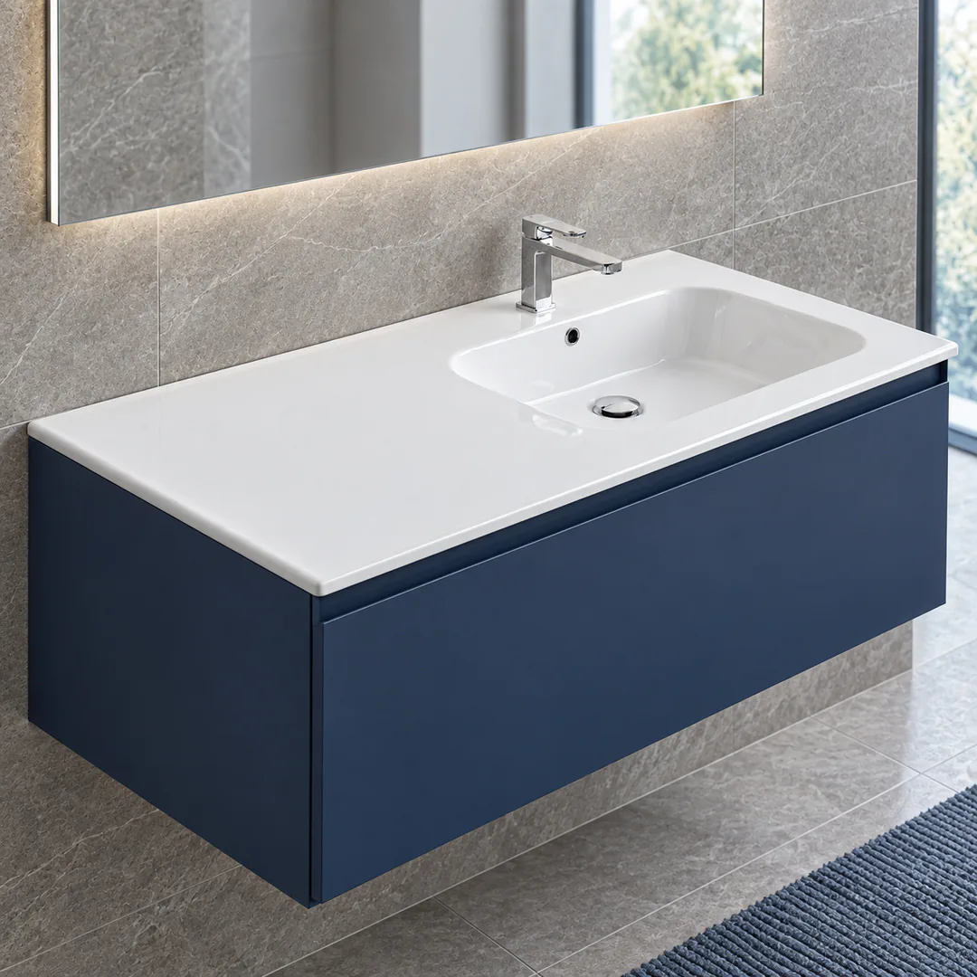 Lavabo consolle in Ceramica – Arbi Qubo 121 DX – Bianco – Con foro rubinetto - Ambientata