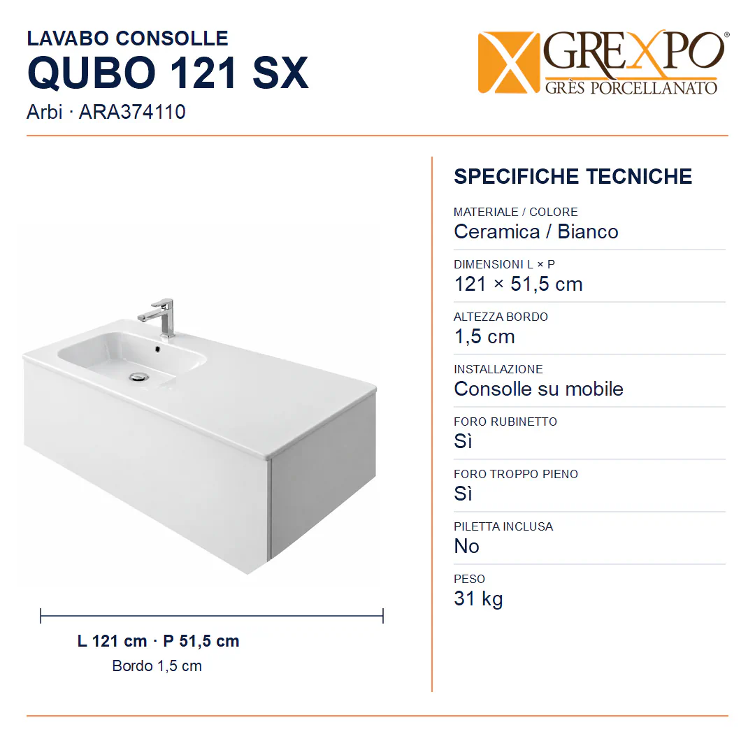 Lavabo consolle in Ceramica – Arbi Qubo 121 DX/SX – Bianco - Misure