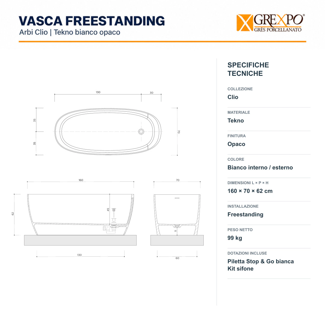Vasca freestanding Arbi Clio 160 × 70 cm in Tekno bianco opaco