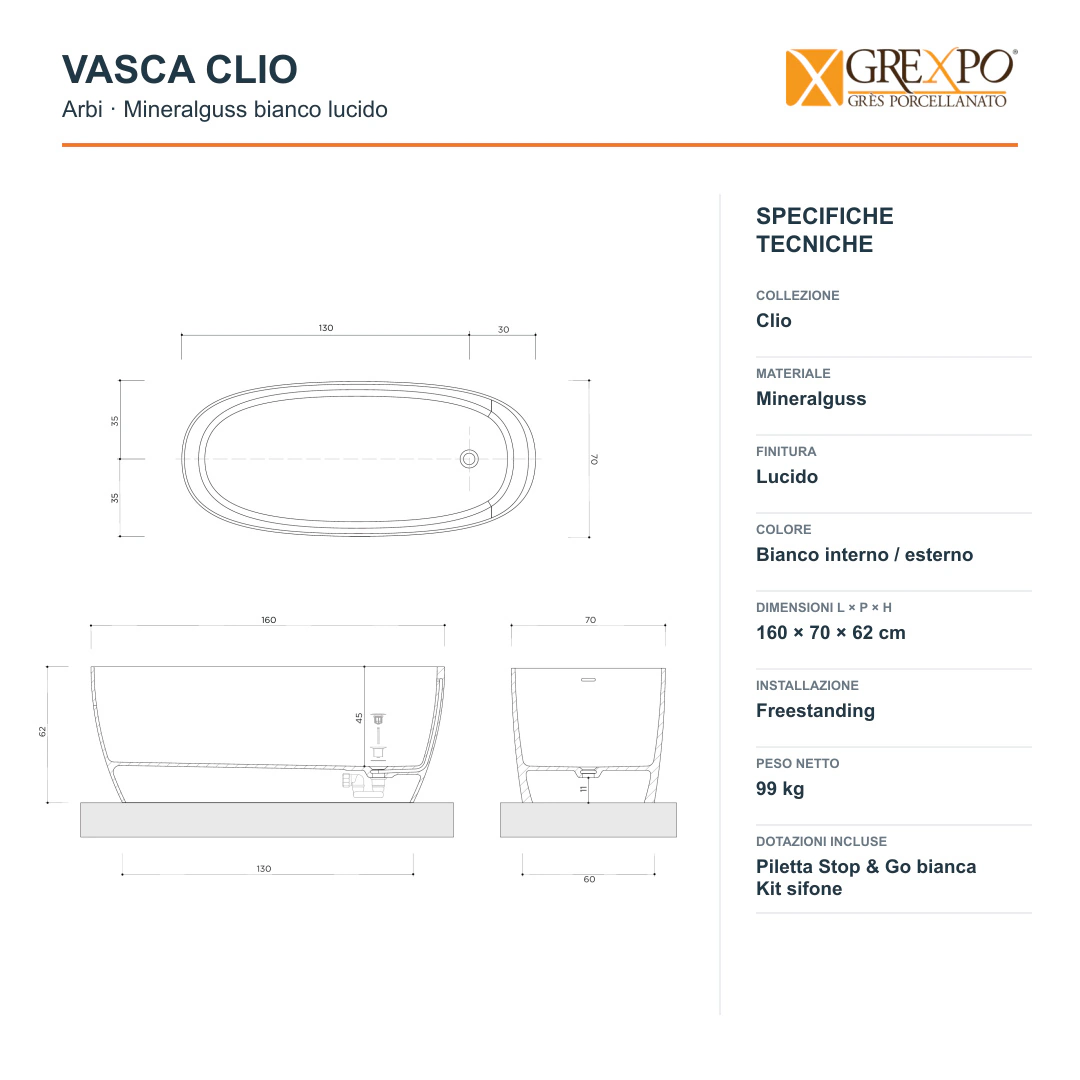 Vasca freestanding Arbi Clio 160 × 70 cm in Mineralguss bianco lucido