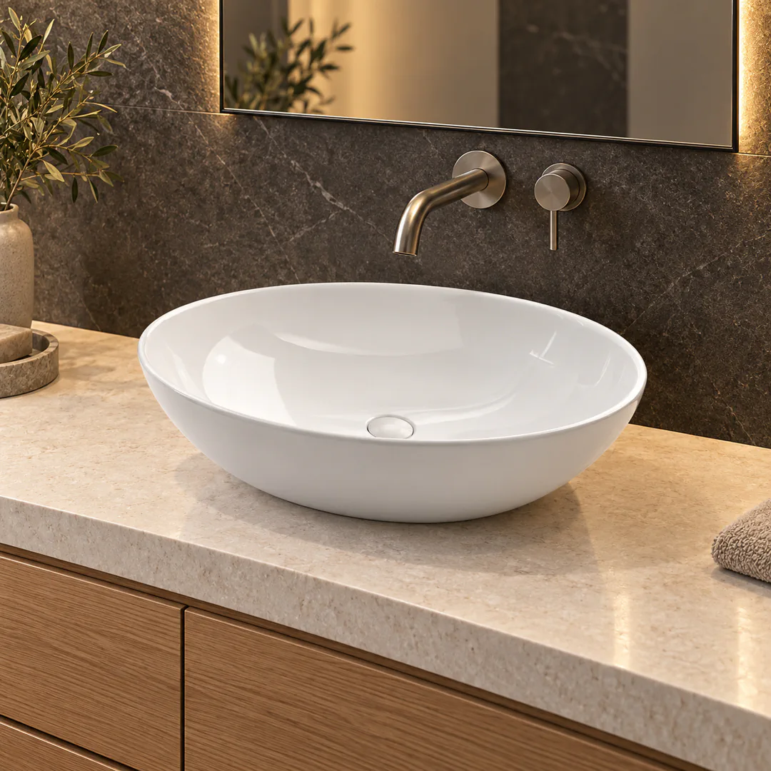 Lavabo da appoggio in Ceramica – Arbi Soffice Out – Mineralmarmo Bianco - Ambientata