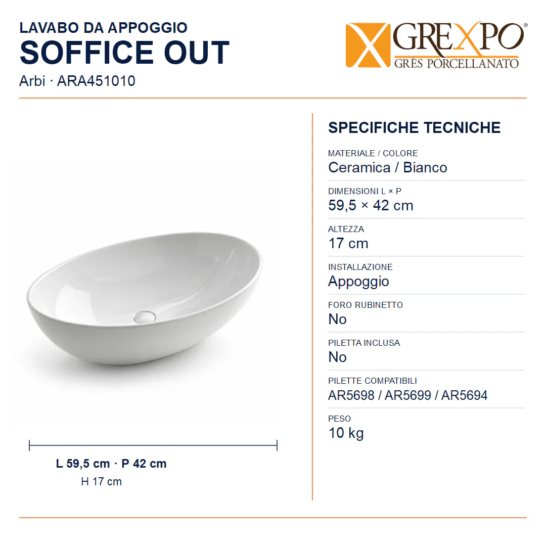 Lavabo da appoggio in Ceramica – Arbi Soffice Out – Mineralmarmo Bianco - Misure