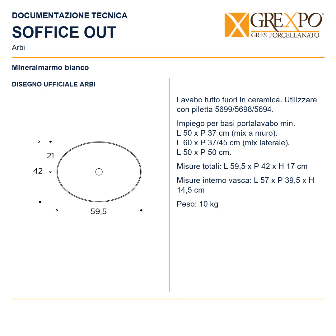 Lavabo da appoggio in Ceramica – Arbi Soffice Out – Mineralmarmo Bianco - Disegno tecnico ARBI