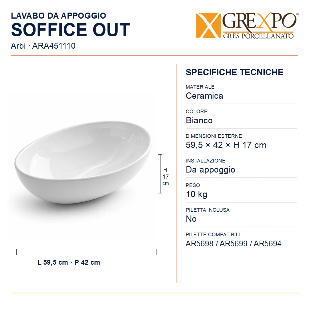 Lavabo da appoggio in Ceramica – Arbi Soffice Out – Bianco - Misure
