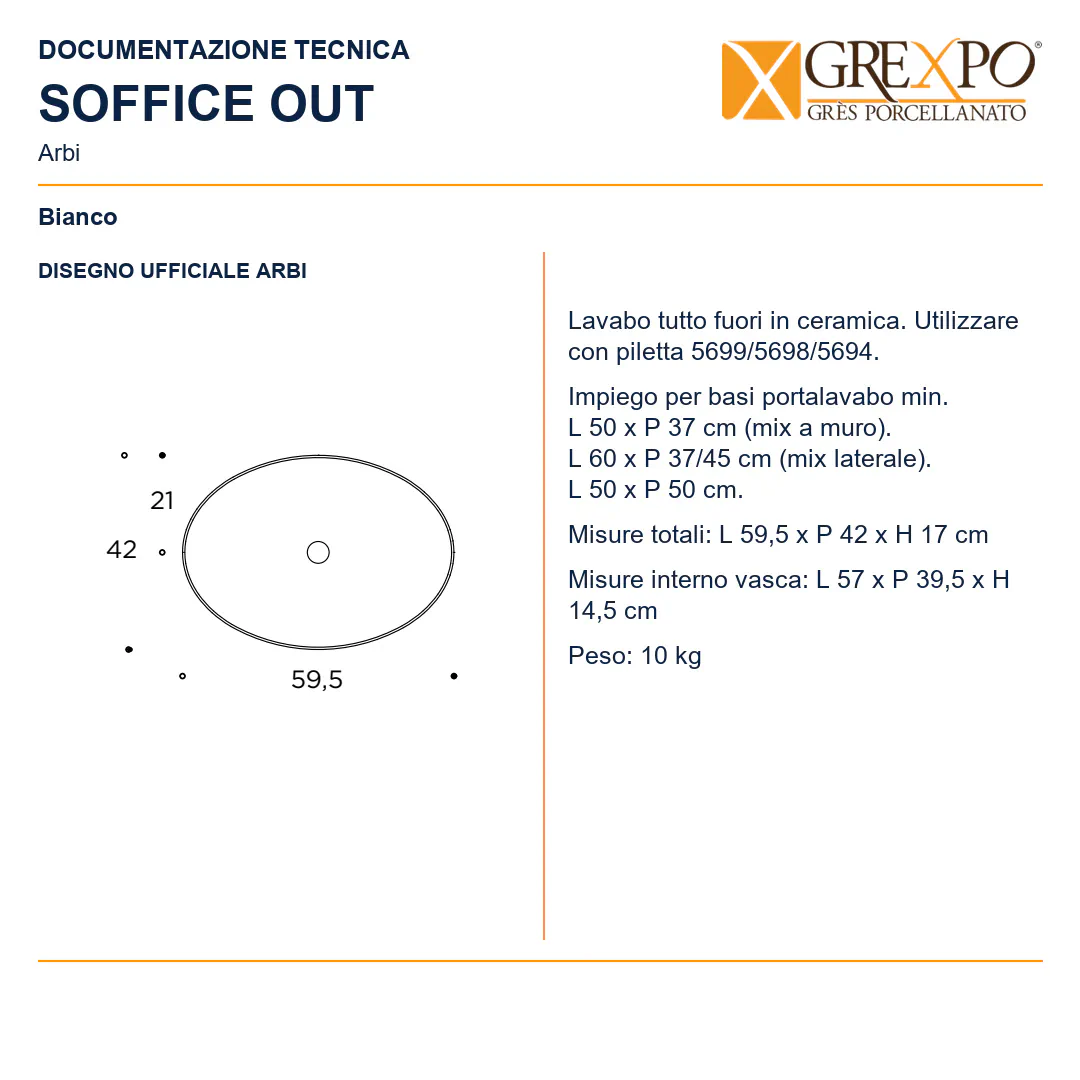 Lavabo da appoggio in Ceramica – Arbi Soffice Out – Bianco - Disegno tecnico ARBI