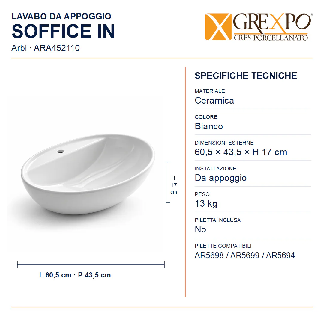 Lavabo da appoggio in Ceramica – Arbi Soffice In – Bianco - Misure