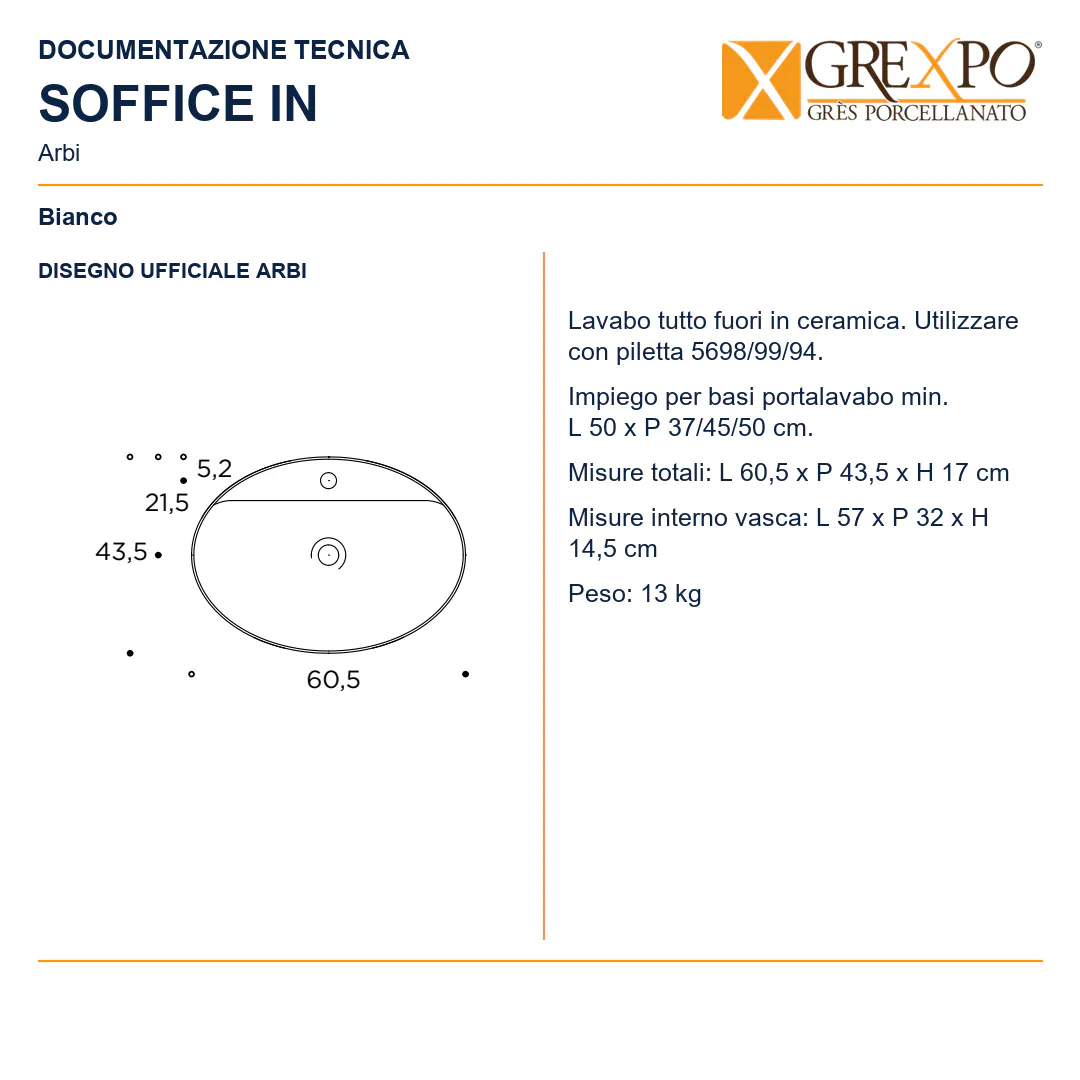Lavabo da appoggio in Ceramica – Arbi Soffice In – Bianco - Disegno tecnico ARBI