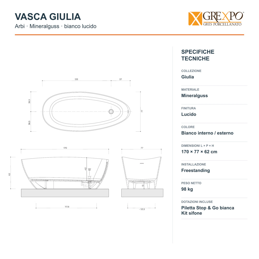 Vasca freestanding Arbi Giulia 170 × 77 cm in Mineralguss bianco lucido