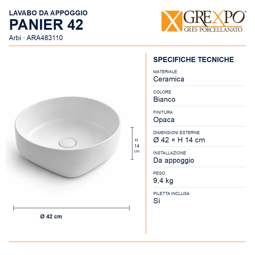 Lavabo da appoggio in Ceramica – Arbi Panier 42 – Bianco opaco - Misure