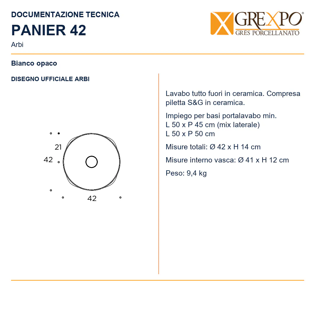 Lavabo da appoggio in Ceramica – Arbi Panier 42 – Bianco opaco - Disegno tecnico ARBI