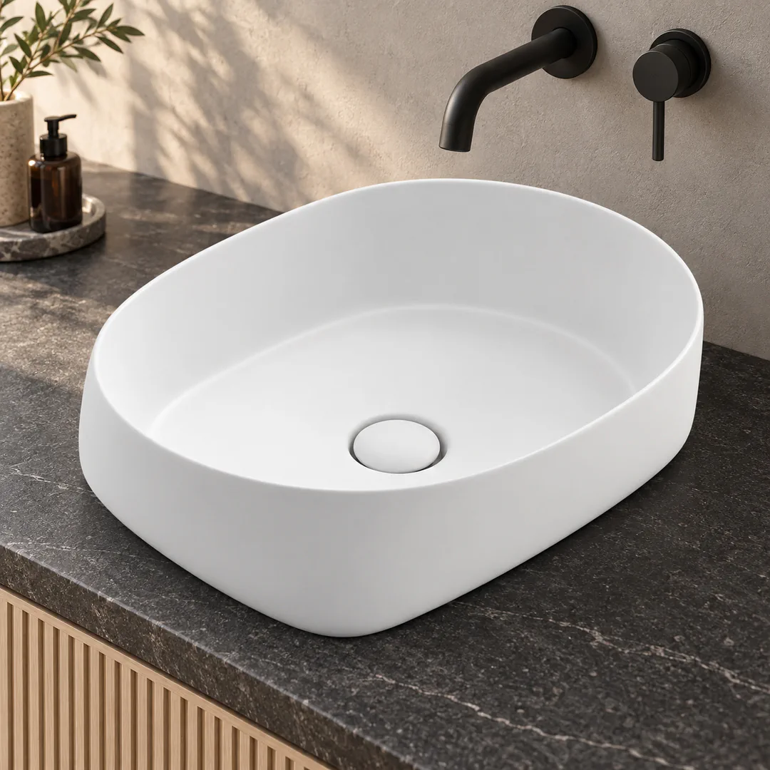 Lavabo da appoggio in Ceramica – Arbi Panier 56 – Bianco opaco - Ambientata
