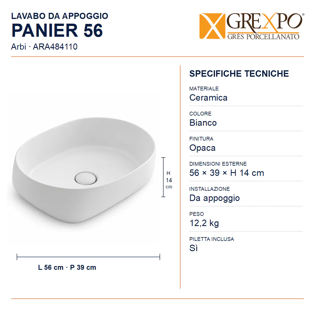 Lavabo da appoggio in Ceramica – Arbi Panier 56 – Bianco opaco - Misure
