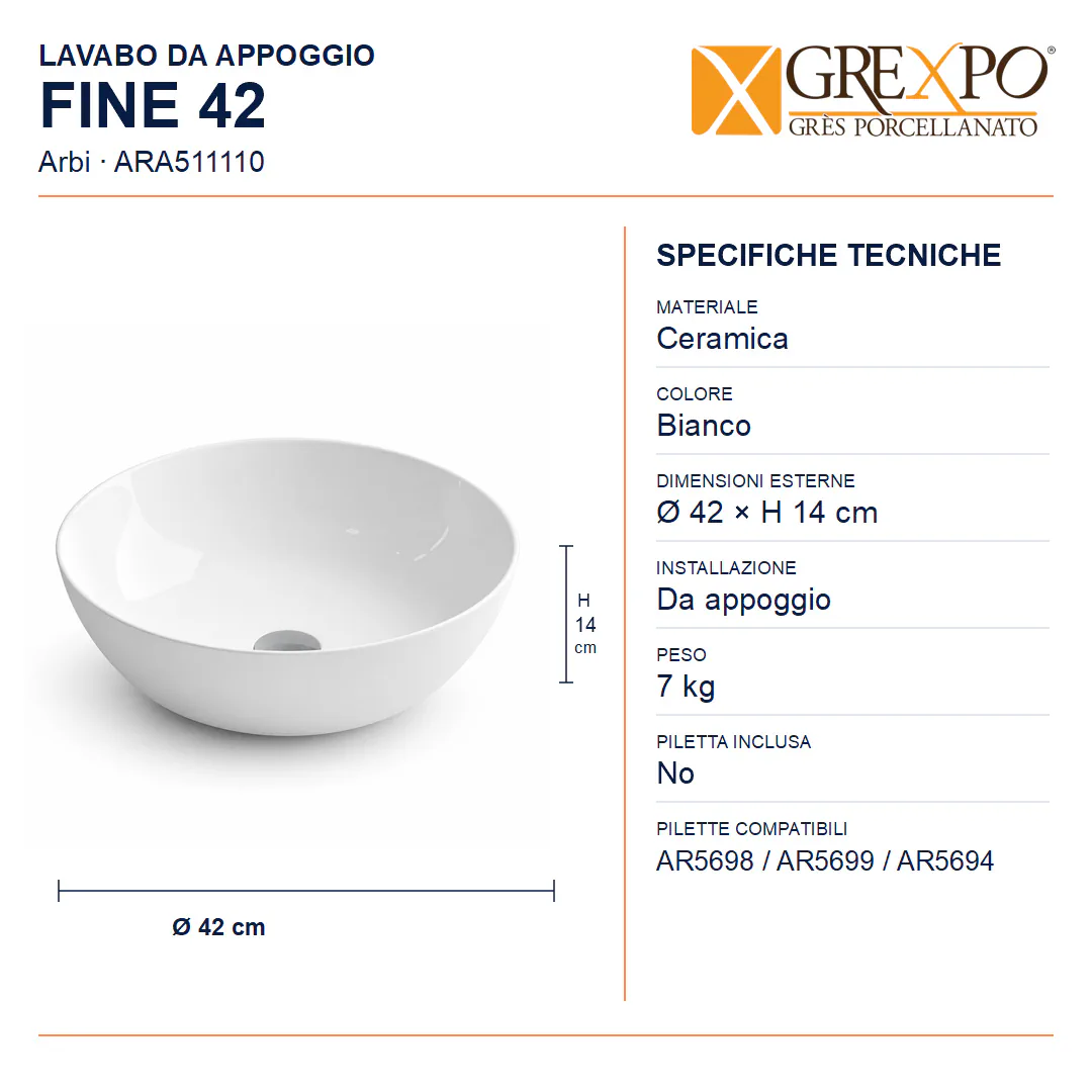 Lavabo da appoggio in Ceramica – Arbi Fine 42 – Bianco - Misure