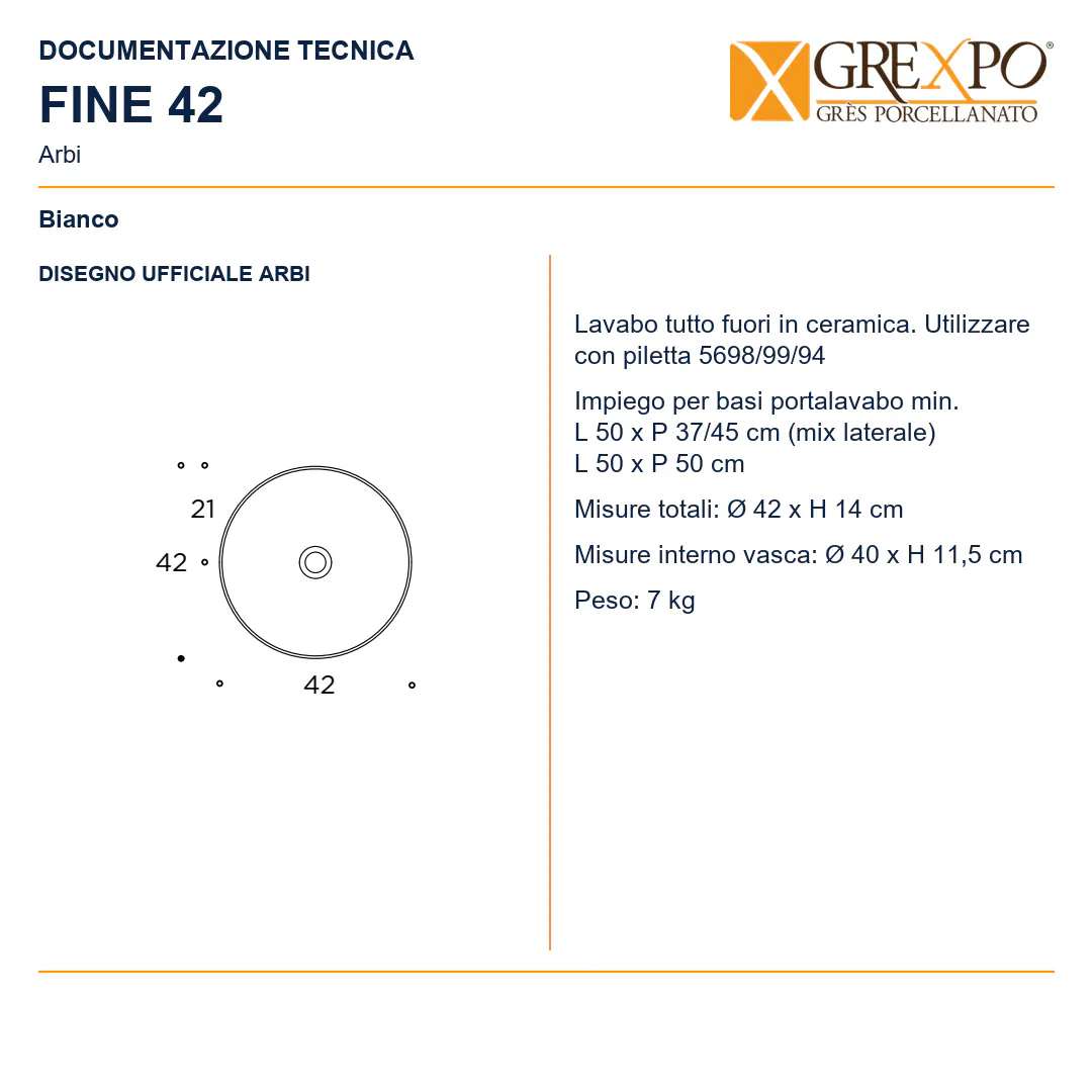 Lavabo da appoggio in Ceramica – Arbi Fine 42 – Bianco - Disegno tecnico ARBI