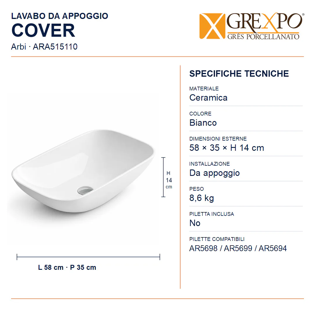 Lavabo da appoggio in Ceramica – Arbi Cover – Bianco - Misure