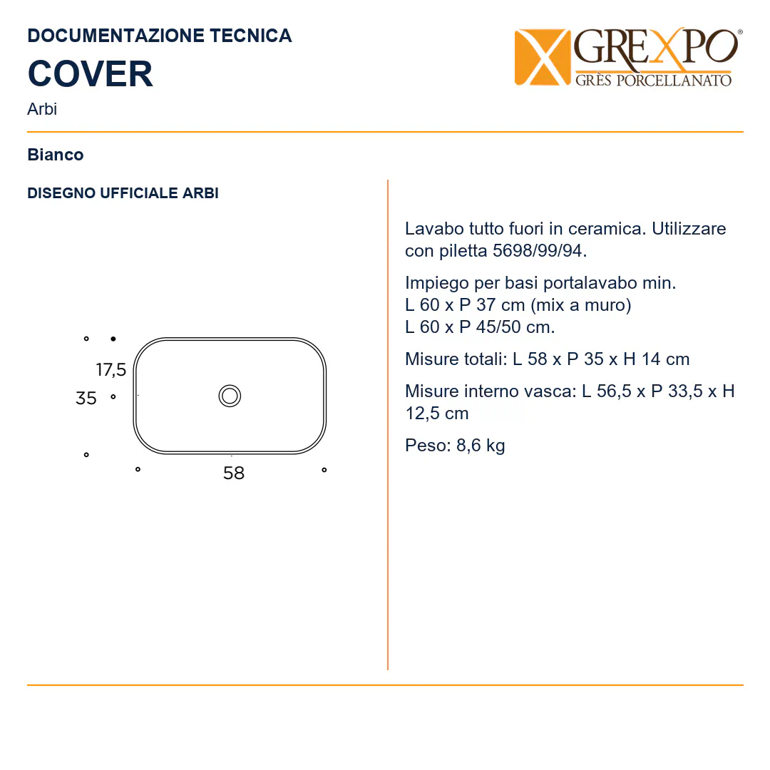 Lavabo da appoggio in Ceramica – Arbi Cover – Bianco - Disegno tecnico ARBI