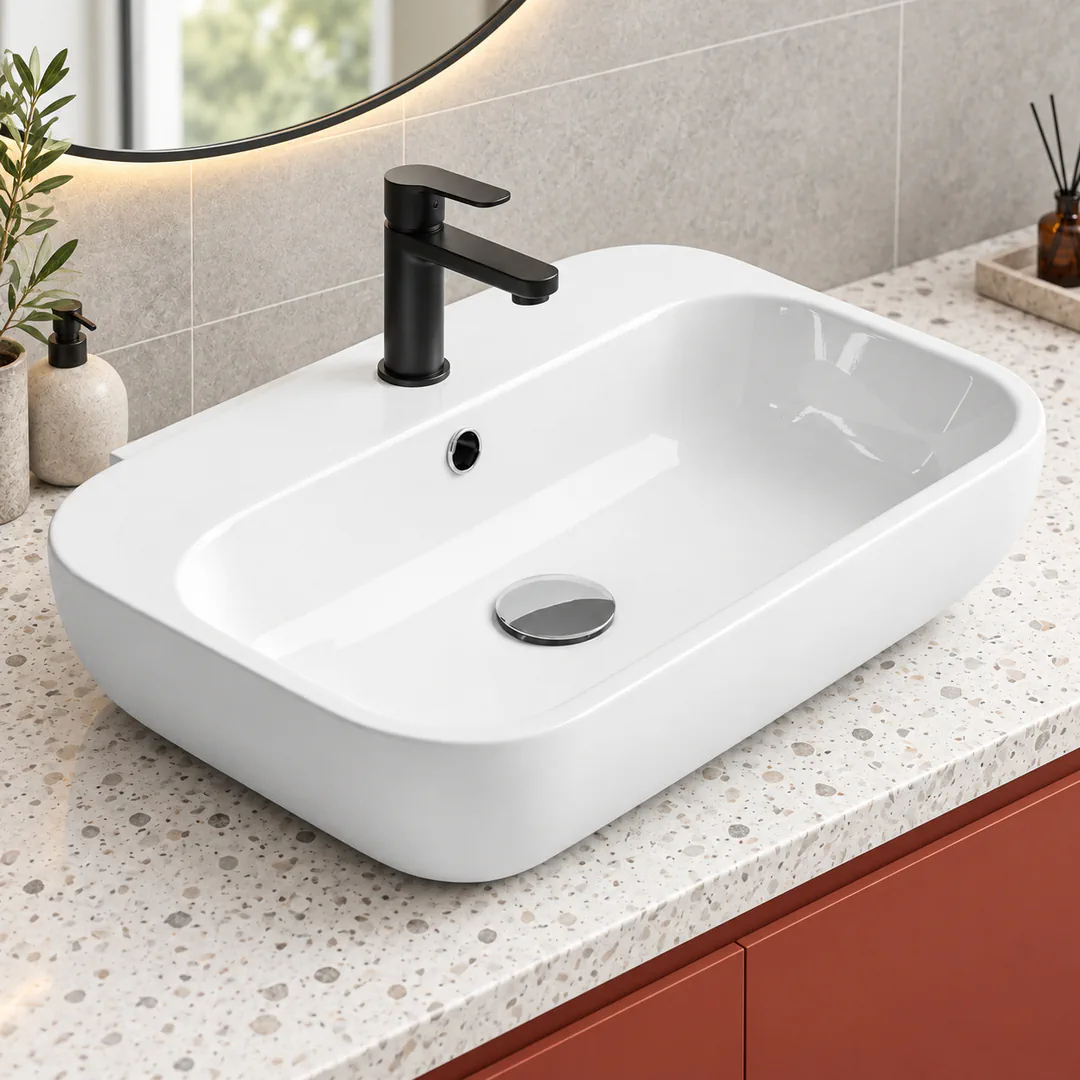 Lavabo da appoggio in Ceramica – Arbi Comfort – Bianco - Ambientata