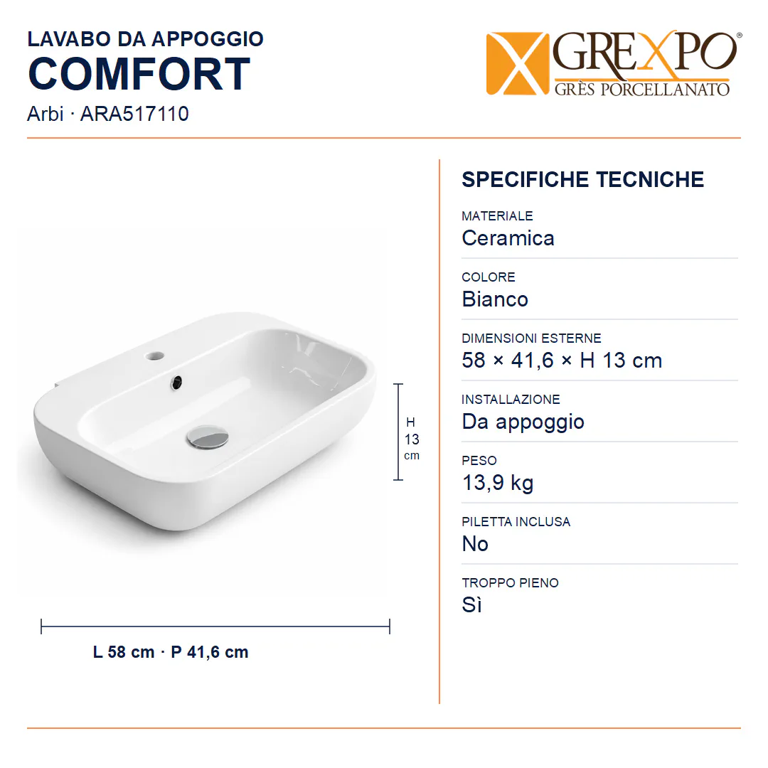 Lavabo da appoggio in Ceramica – Arbi Comfort – Bianco - Misure