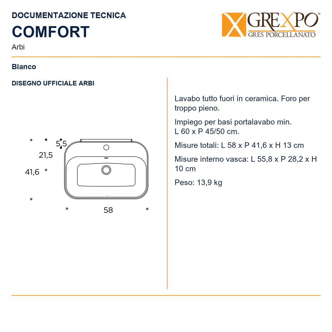 Lavabo da appoggio in Ceramica – Arbi Comfort – Bianco - Disegno tecnico ARBI