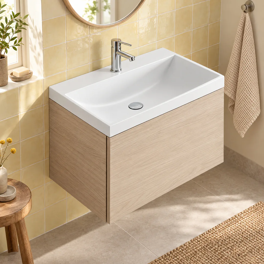 Lavabo consolle in Mineralguss – Arbi Olly 61 – Mineralmarmo Bianco – Con foro rubinetto - Ambientata