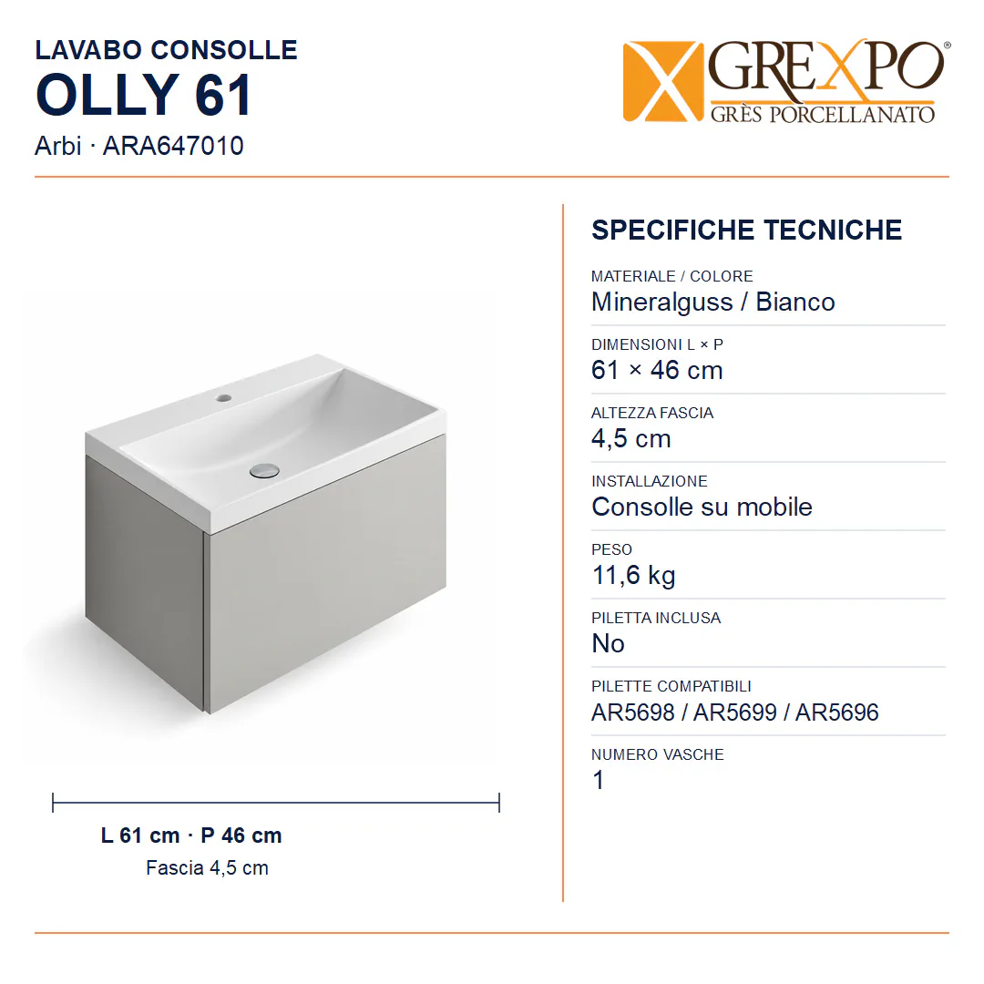 Lavabo consolle in Mineralguss – Arbi Olly 61 – Mineralmarmo Bianco – Con foro rubinetto - Misure