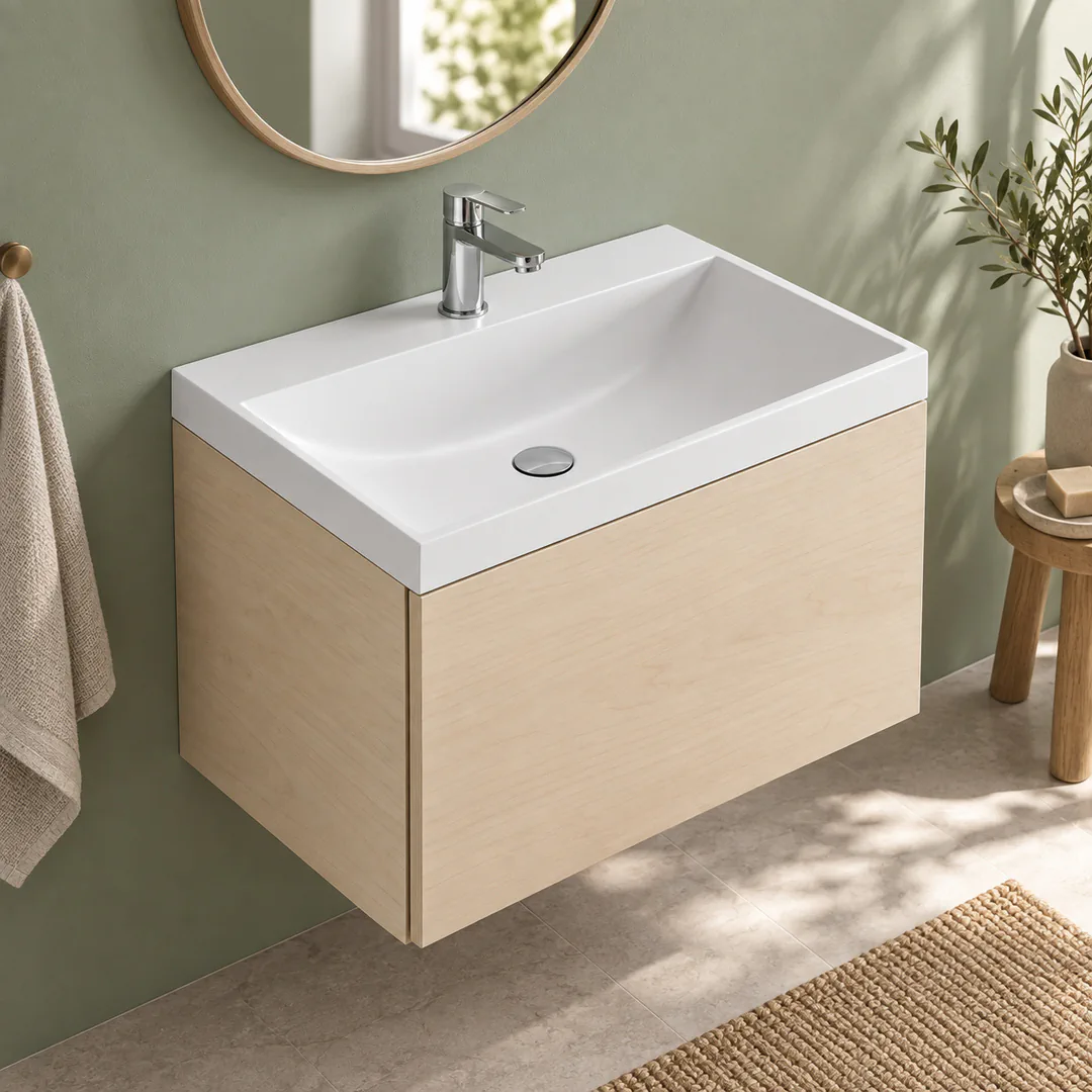 Lavabo consolle in Mineralguss – Arbi Olly 61 – Bianco – Con foro rubinetto - Ambientata
