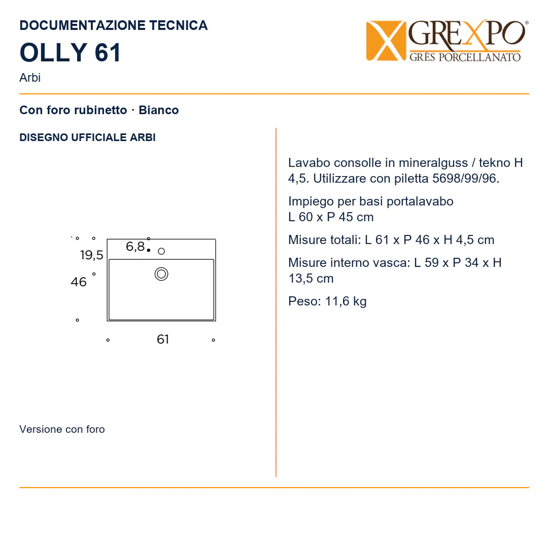 Lavabo consolle in Mineralguss – Arbi Olly 61 – Bianco – Con foro rubinetto - Disegno tecnico ARBI