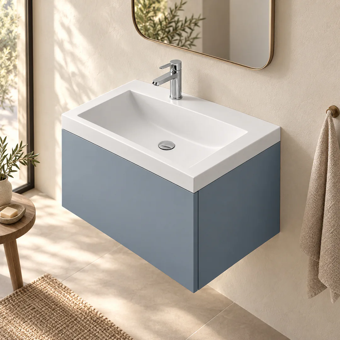Lavabo consolle in Mineralguss – Arbi Olly 71 – Mineralmarmo Bianco – Con foro rubinetto - Ambientata