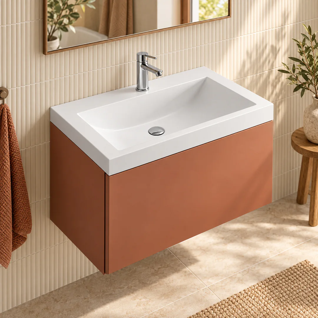 Lavabo consolle in Mineralguss – Arbi Olly 71 – Bianco – Con foro rubinetto - Ambientata