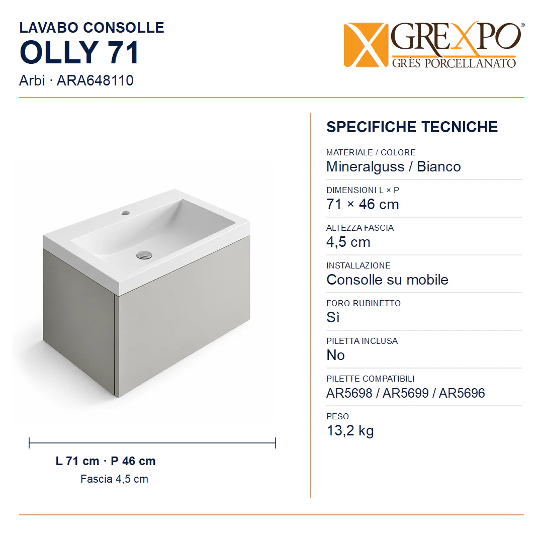 Lavabo consolle in Mineralguss – Arbi Olly 71 – Bianco – Con foro rubinetto - Misure