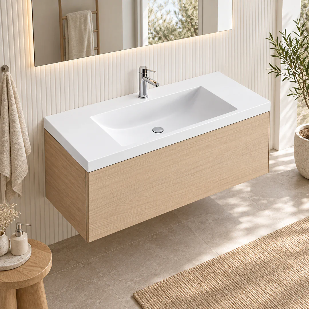 Lavabo consolle in Mineralguss – Arbi Olly 121 – Mineralmarmo Bianco – Con foro rubinetto - Ambientata