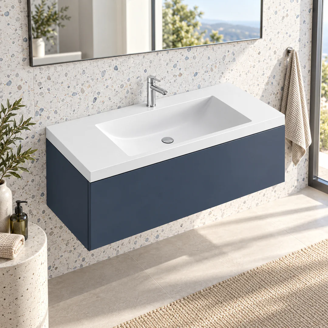Lavabo consolle in Mineralguss – Arbi Olly 121 – Bianco – Con foro rubinetto - Ambientata
