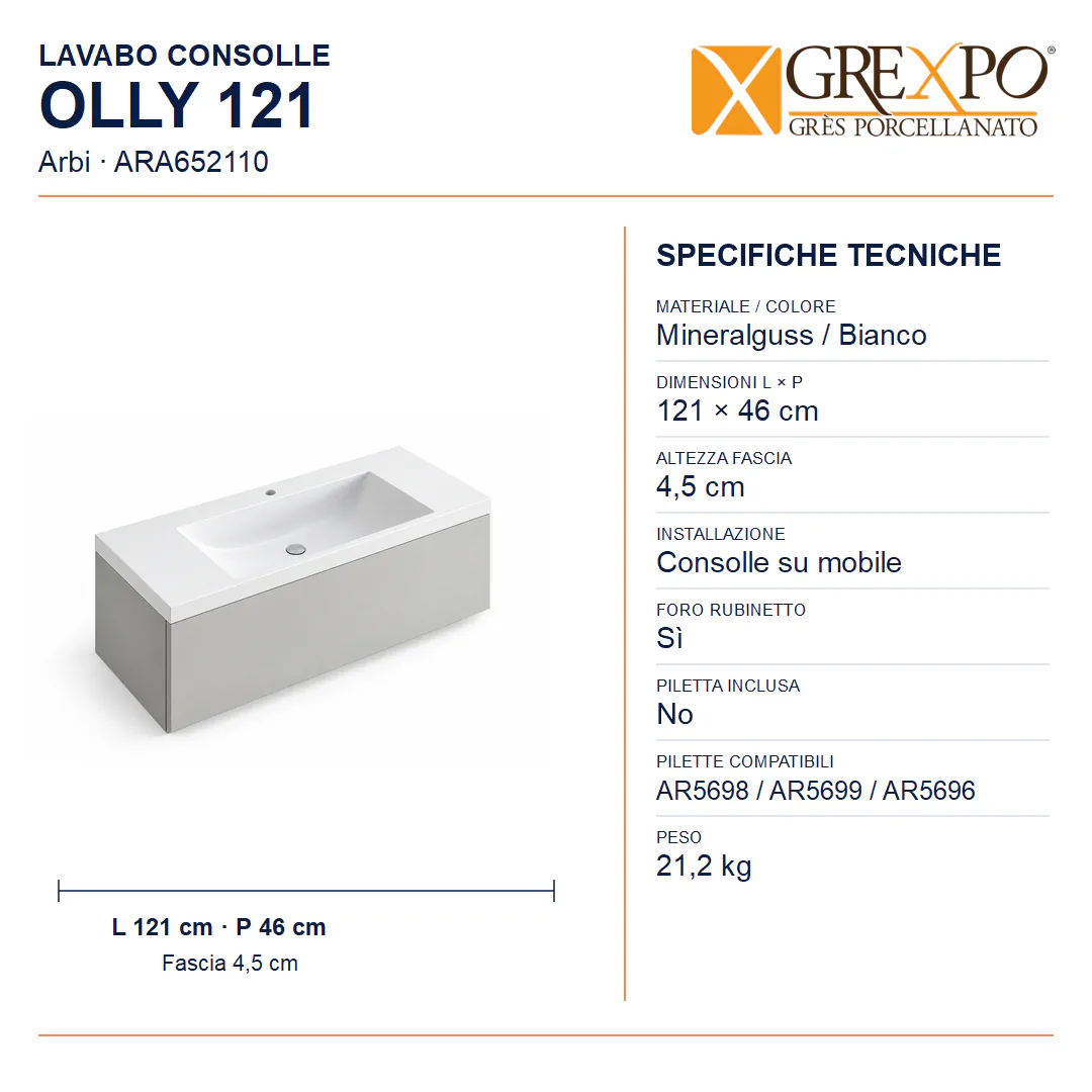 Lavabo consolle in Mineralguss – Arbi Olly 121 – Bianco – Con foro rubinetto - Misure