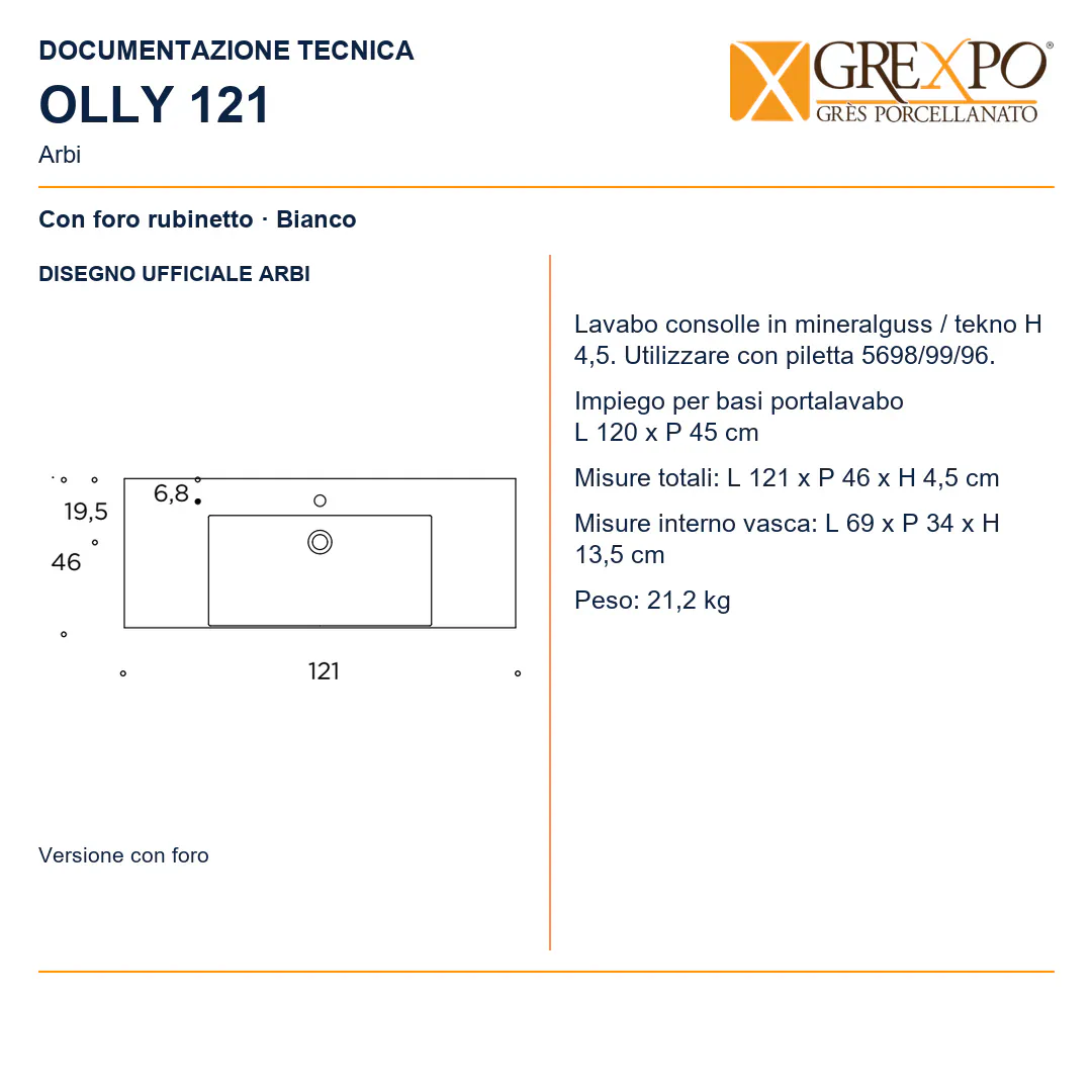 Lavabo consolle in Mineralguss – Arbi Olly 121 – Bianco – Con foro rubinetto - Disegno tecnico ARBI