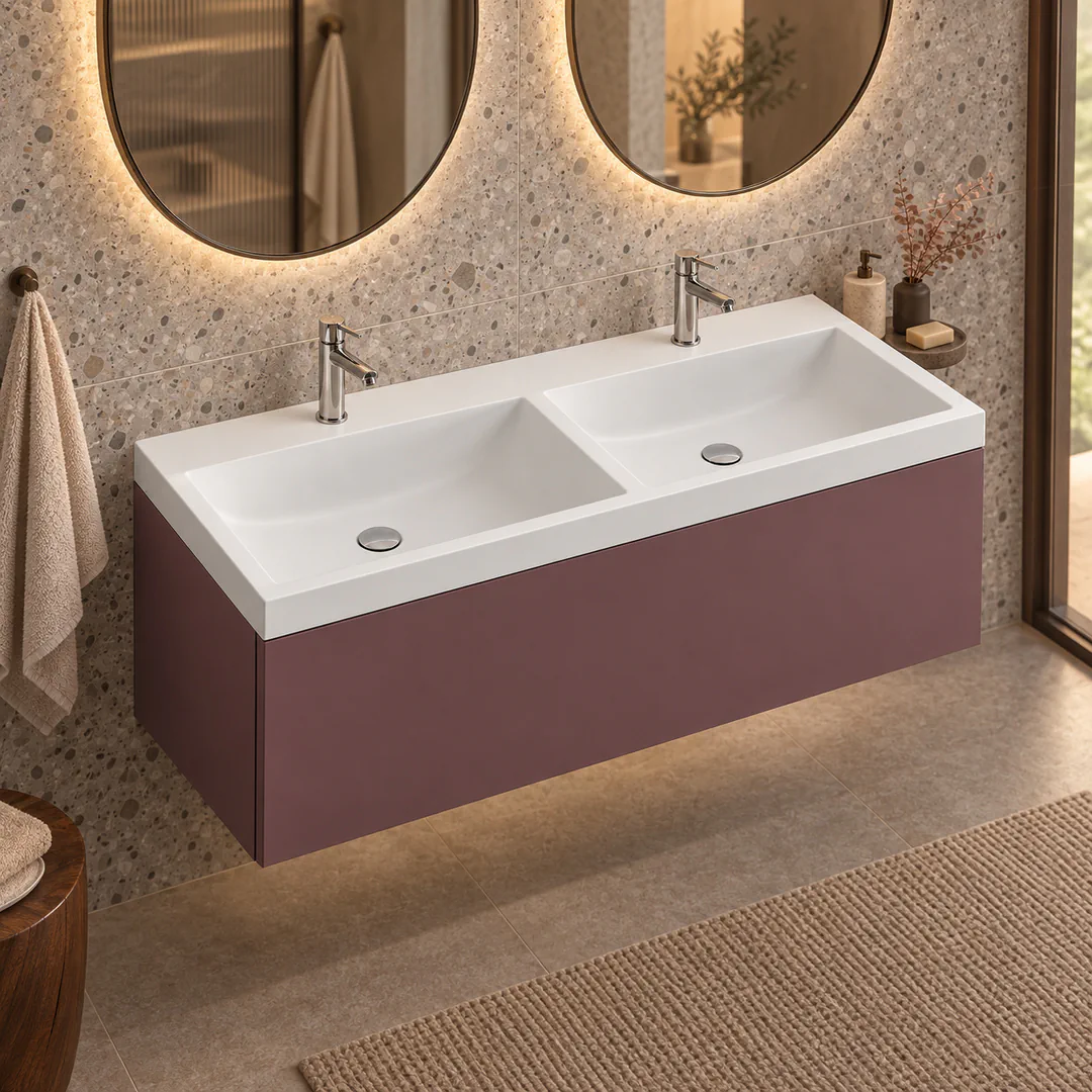 Lavabo consolle in Mineralguss – Arbi Olly 121 Doppio – Mineralmarmo Bianco – Con foro rubinetto - Ambientata