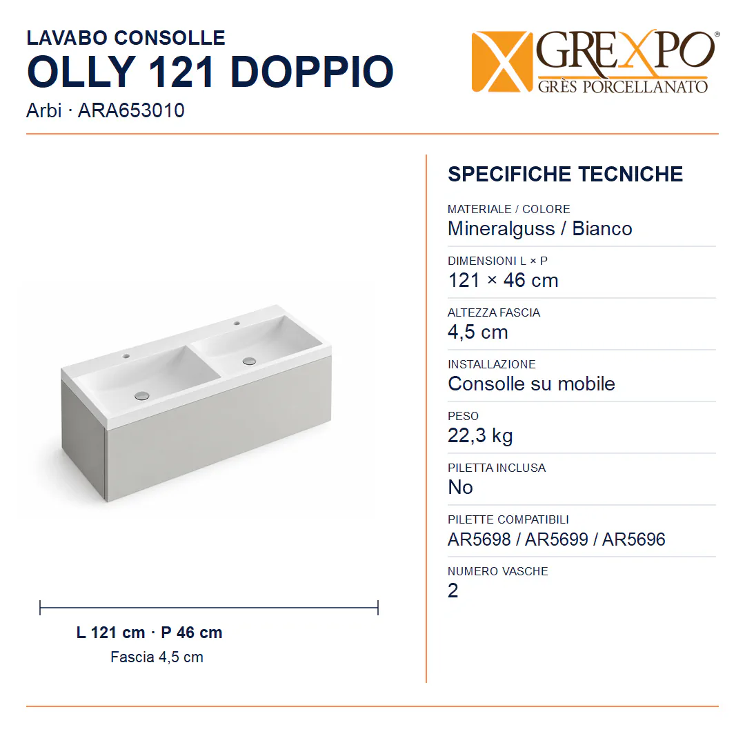 Lavabo consolle in Mineralguss – Arbi Olly 121 Doppio – Mineralmarmo Bianco – Con foro rubinetto - Misure