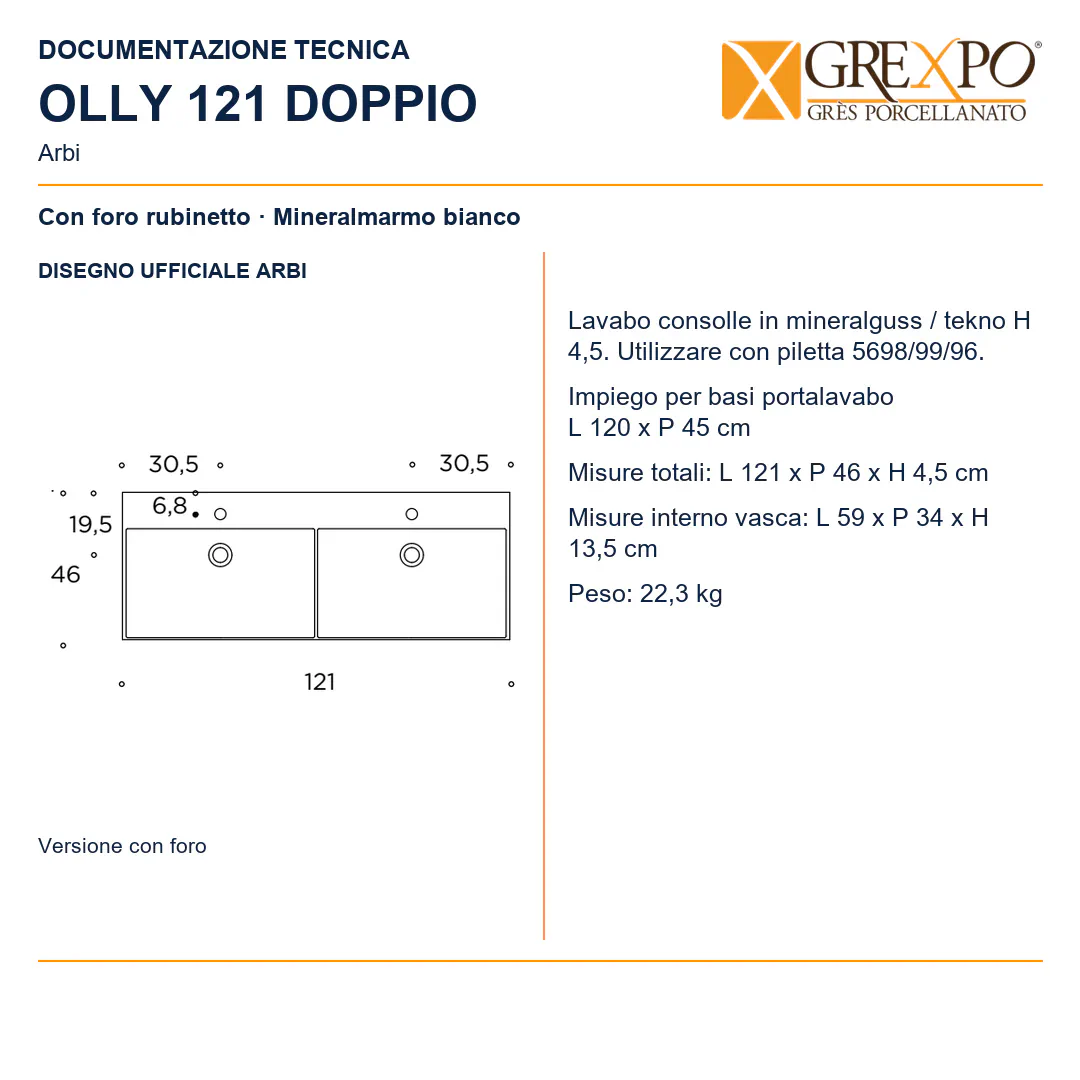 Lavabo consolle in Mineralguss – Arbi Olly 121 Doppio – Mineralmarmo Bianco – Con foro rubinetto - Disegno tecnico ARBI