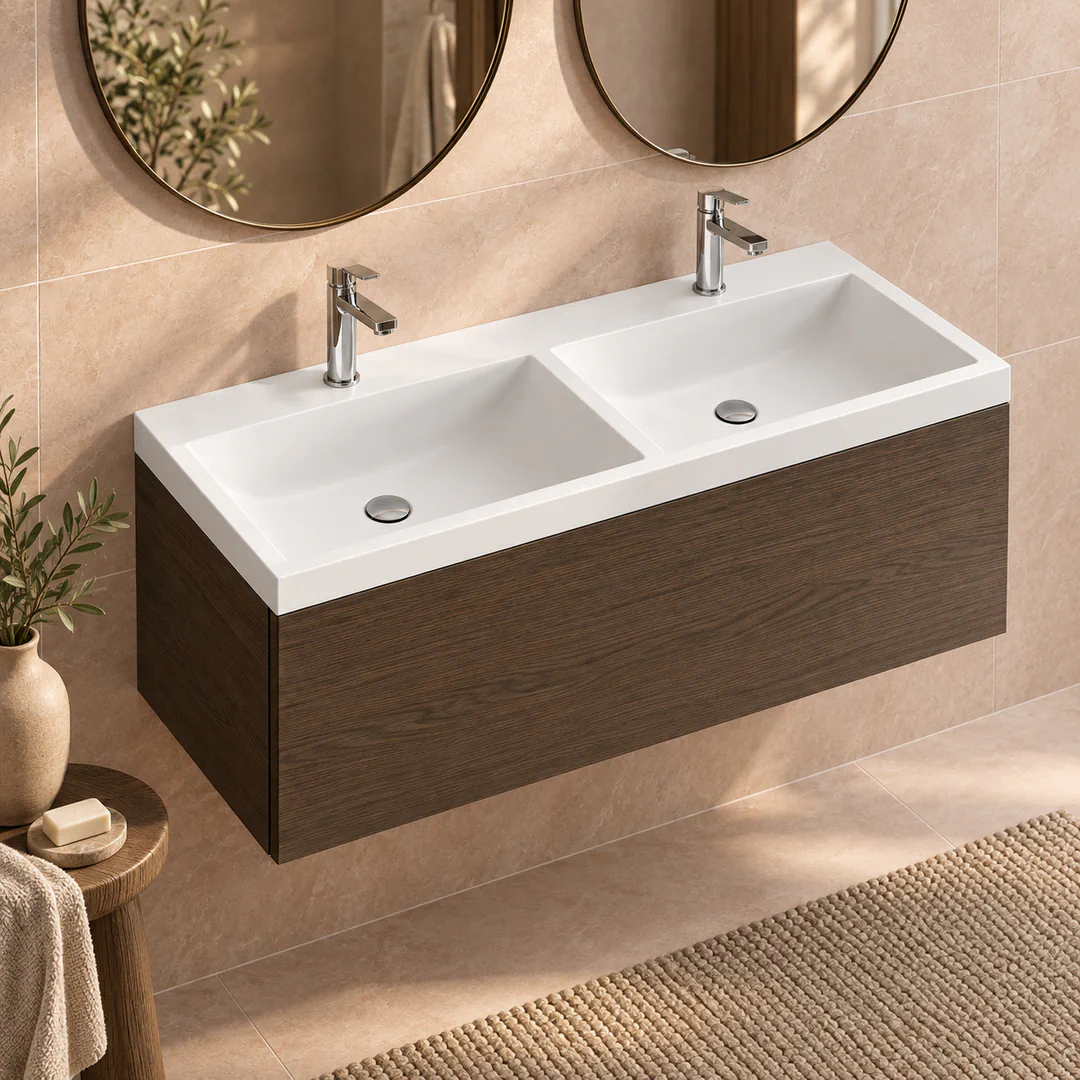Lavabo consolle in Mineralguss – Arbi Olly 121 Doppio – Bianco – Con foro rubinetto - Ambientata