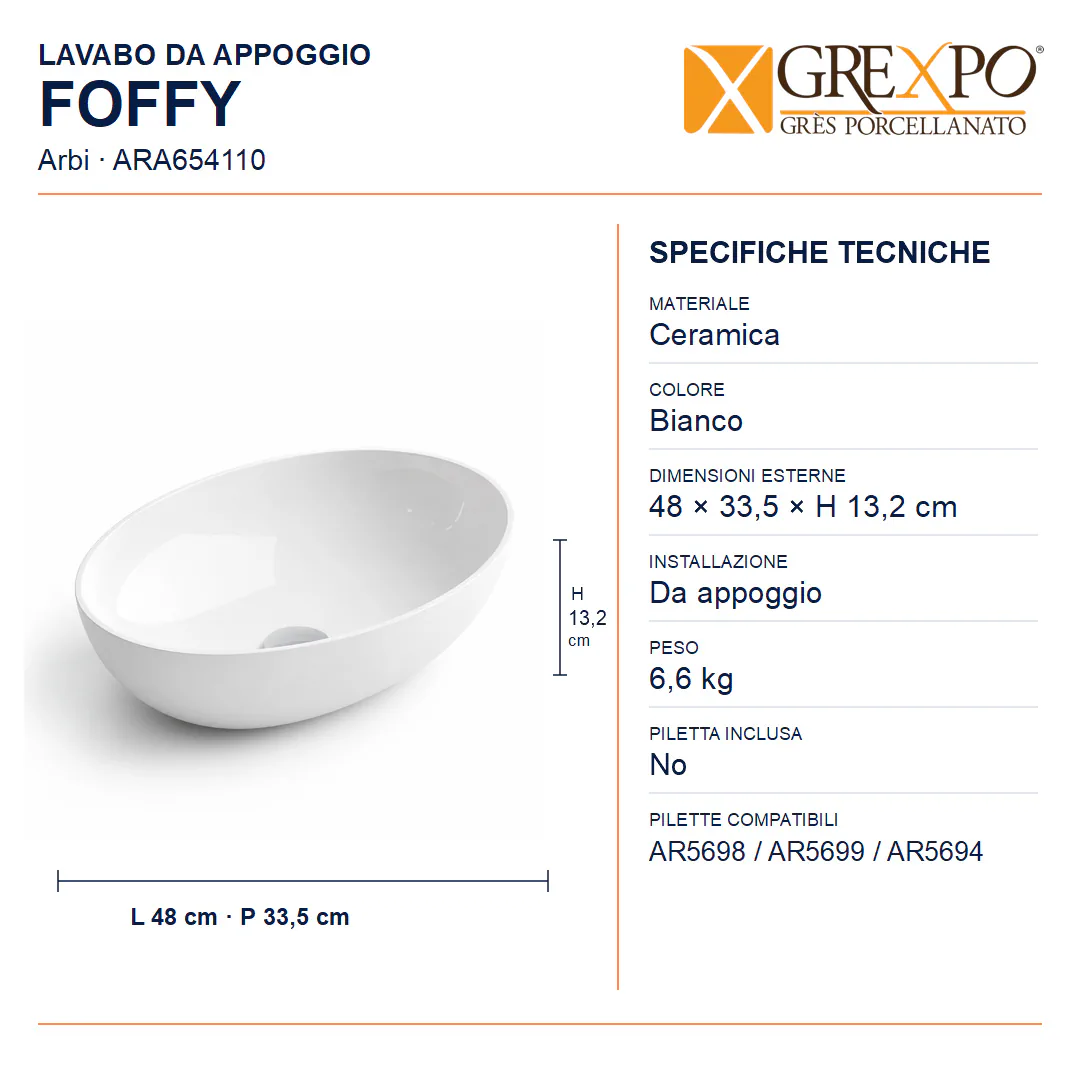Lavabo da appoggio in Ceramica – Arbi Foffy – Bianco - Misure