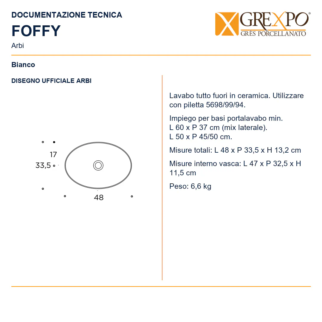 Lavabo da appoggio in Ceramica – Arbi Foffy – Bianco - Disegno tecnico ARBI