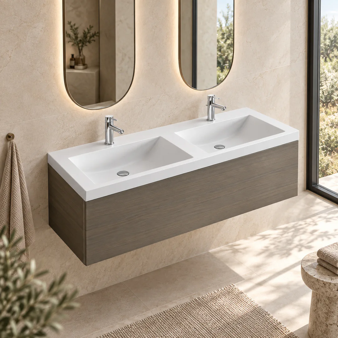 Lavabo consolle in Mineralguss – Arbi Olly 141 – Mineralmarmo Bianco – Con foro rubinetto - Ambientata