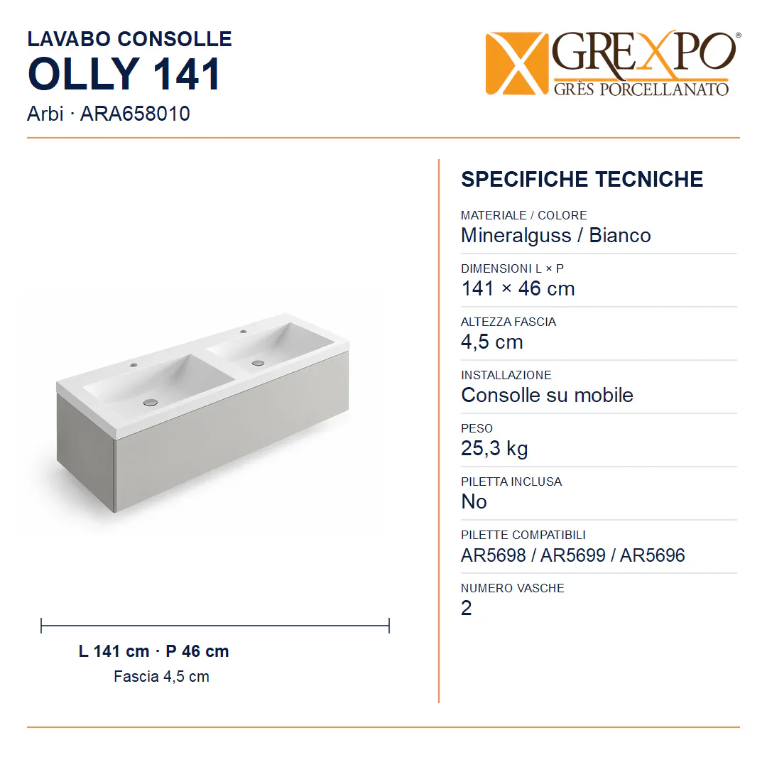 Lavabo consolle in Mineralguss – Arbi Olly 141 – Mineralmarmo Bianco – Con foro rubinetto - Misure
